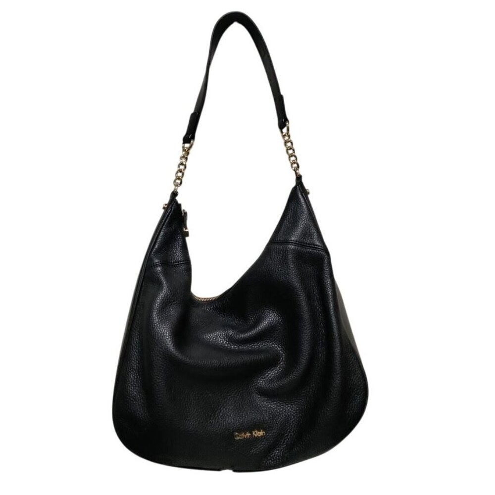 Calvin Klien Classic Pebble Leather Black Hobo Gold Chain Embelished Bucket Bag